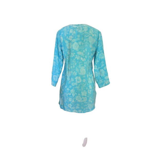 Amaya Blue w White Roses Silk Crepe Tunic Blouse Size Small - Picture 4 of 7